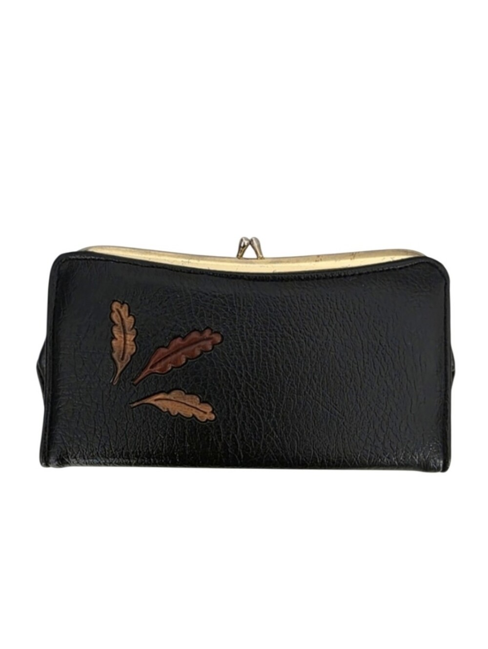 Black Leather Clutch Wallet with Leaf Design
